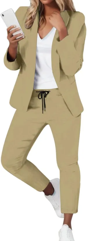 2 Piece Outfits for Women Dressy Blazer Jackets High Waisted Straight Leg Pants Suits Set Business Casual Office