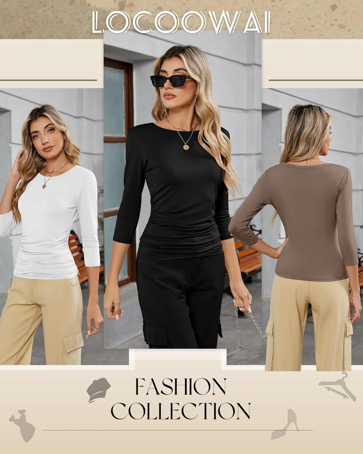 3 Pack Women's 3/4 Sleeve Shirts Slim Fit Side Ruched Tops Cotton Basic Crewneck Going Out Tees Y2k Outfits