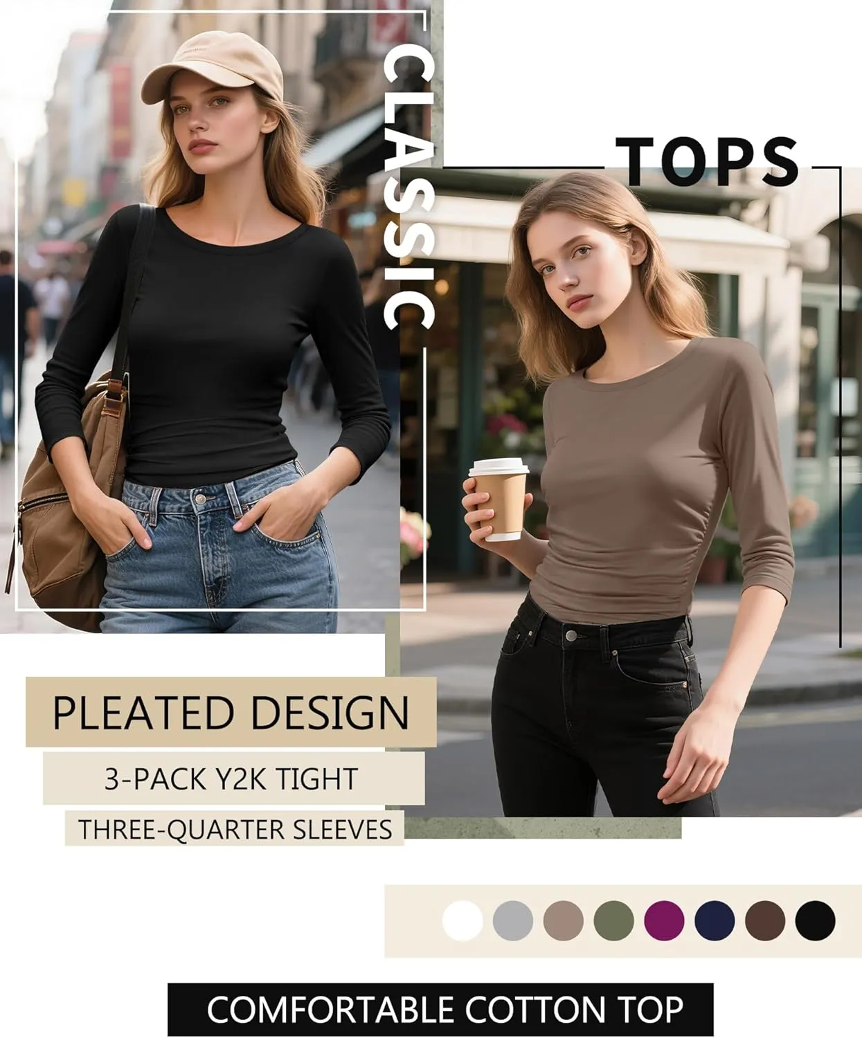 3 Pack Women's 3/4 Sleeve Shirts Slim Fit Side Ruched Tops Cotton Basic Crewneck Going Out Tees Y2k Outfits