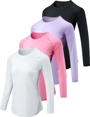 4-Pack: Womens Long Sleeve Athletic Tops with Thumb Holes  Dry Fit Active Crewneck Workout Tees