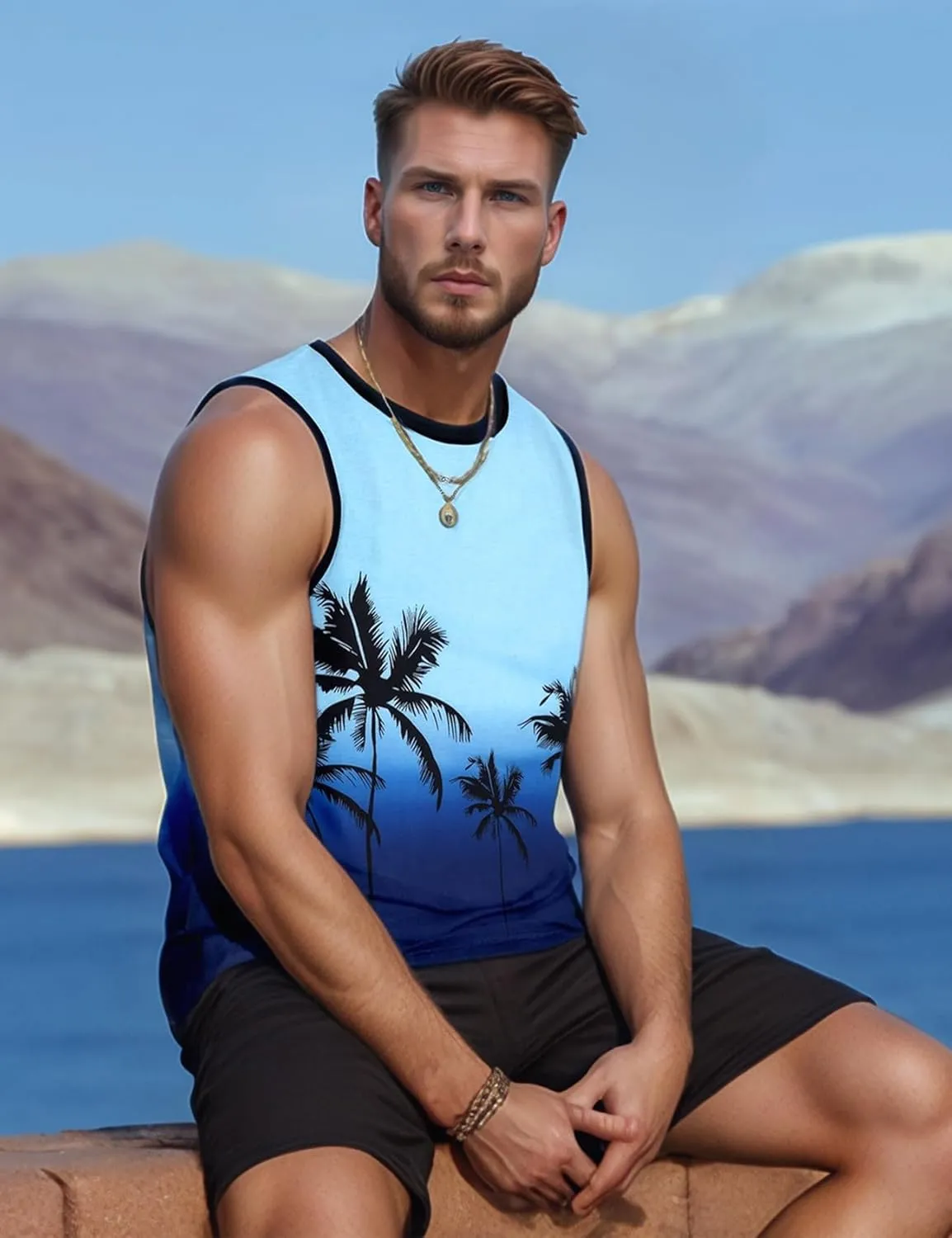Arssm Men Beach Tank Tops Summer Hawaiian Graphic Sleeveless Shirts Palm Tree Muscle Gym Tank Top
