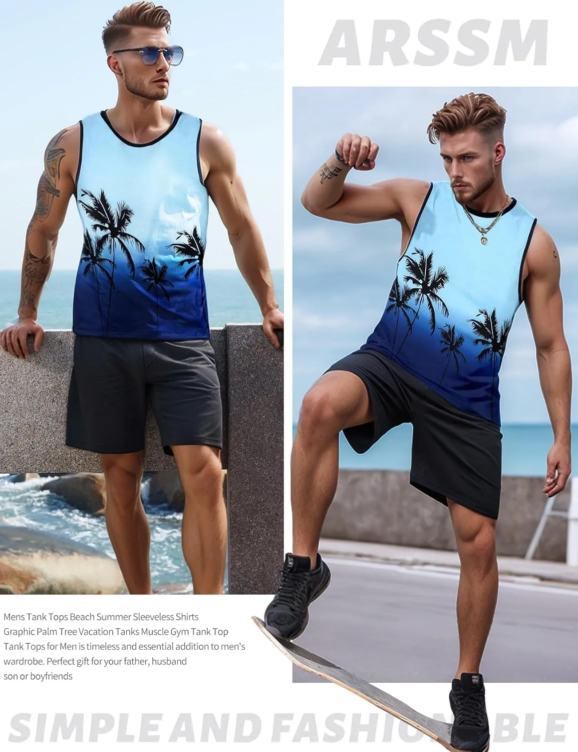 Arssm Men Beach Tank Tops Summer Hawaiian Graphic Sleeveless Shirts Palm Tree Muscle Gym Tank Top