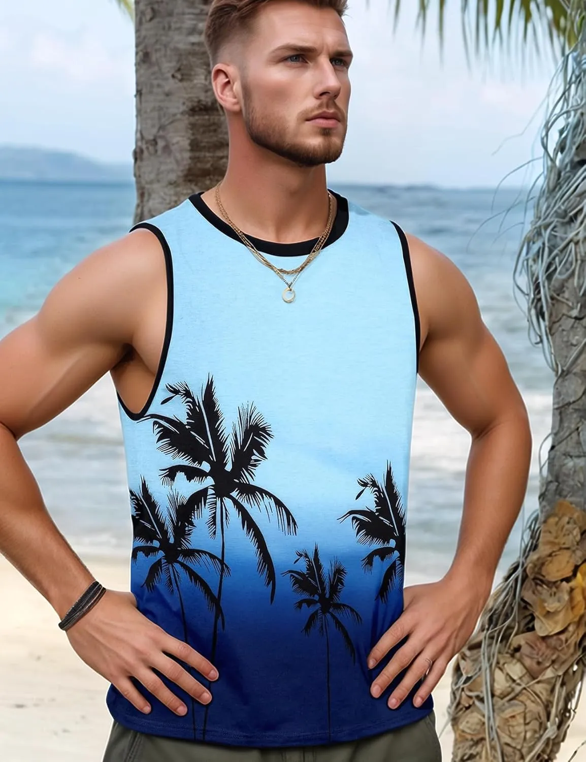 Arssm Men Beach Tank Tops Summer Hawaiian Graphic Sleeveless Shirts Palm Tree Muscle Gym Tank Top