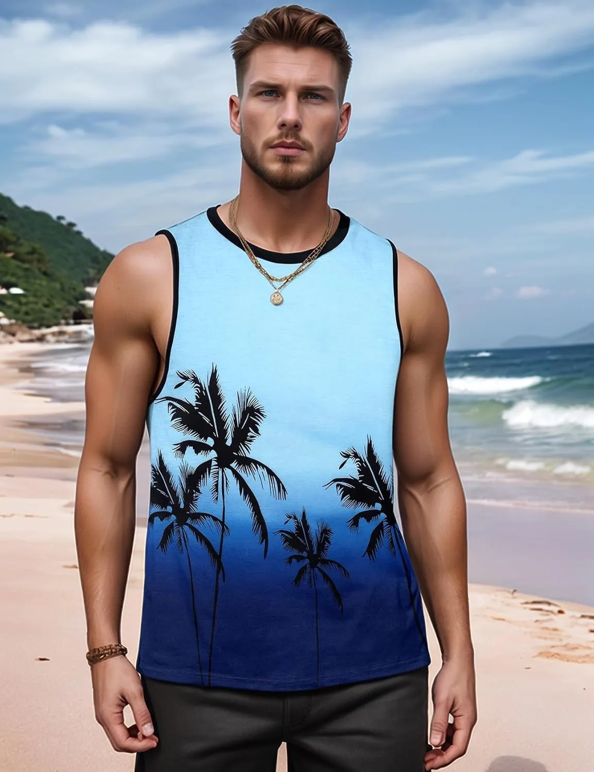 Arssm Men Beach Tank Tops Summer Hawaiian Graphic Sleeveless Shirts Palm Tree Muscle Gym Tank Top