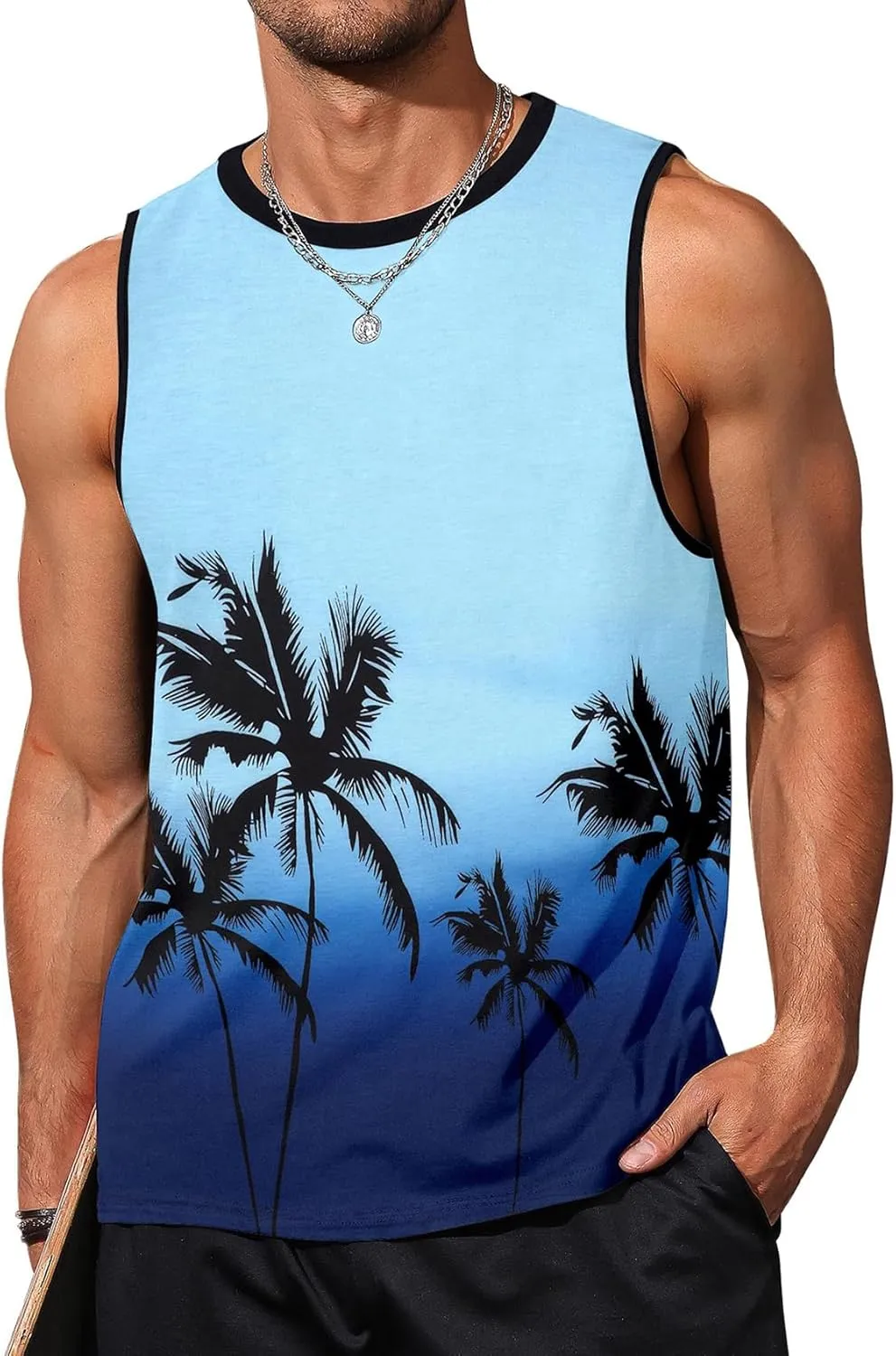 Arssm Men Beach Tank Tops Summer Hawaiian Graphic Sleeveless Shirts Palm Tree Muscle Gym Tank Top