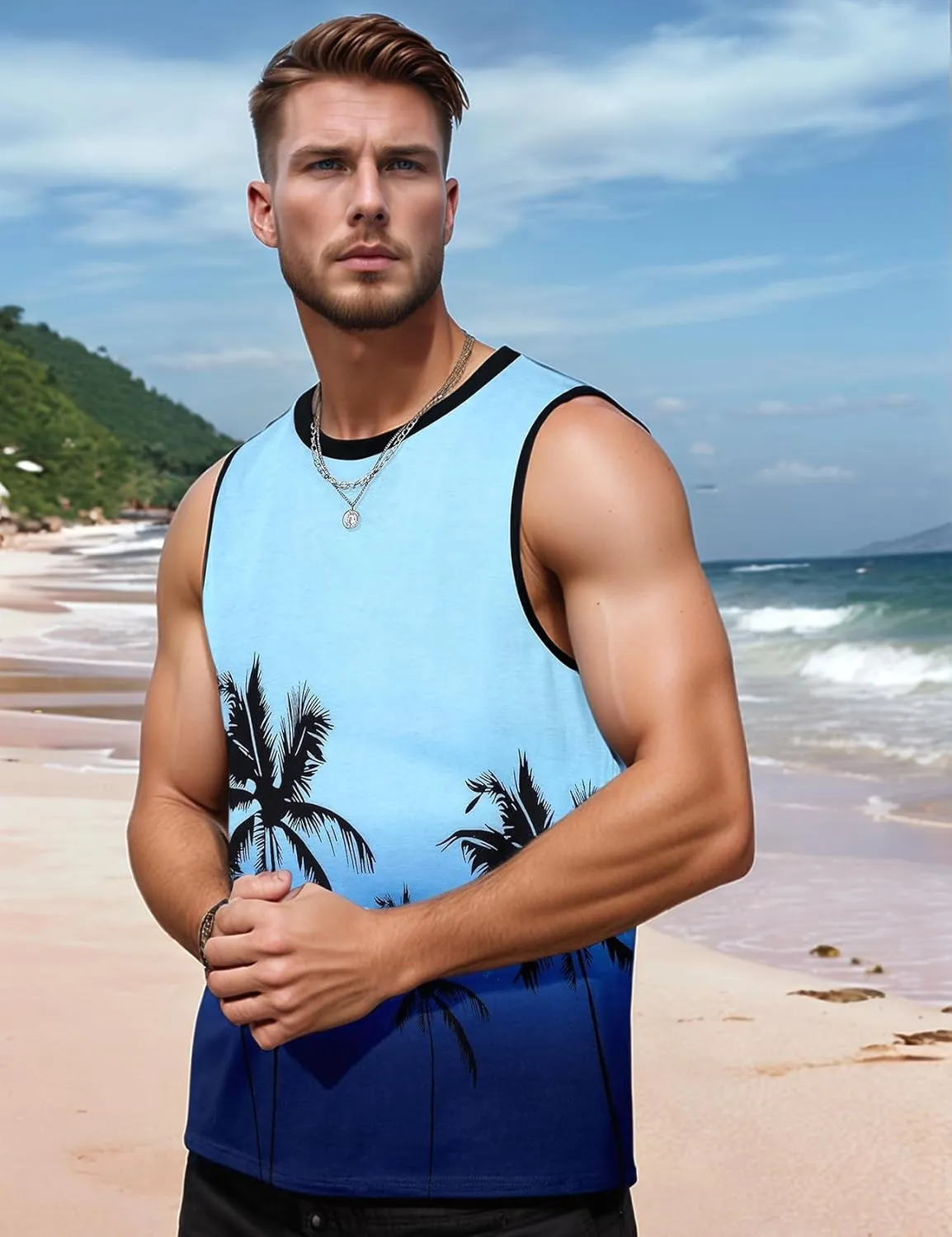 Arssm Men Beach Tank Tops Summer Hawaiian Graphic Sleeveless Shirts Palm Tree Muscle Gym Tank Top