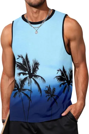 Arssm Men Beach Tank Tops Summer Hawaiian Graphic Sleeveless Shirts Palm Tree Muscle Gym Tank Top