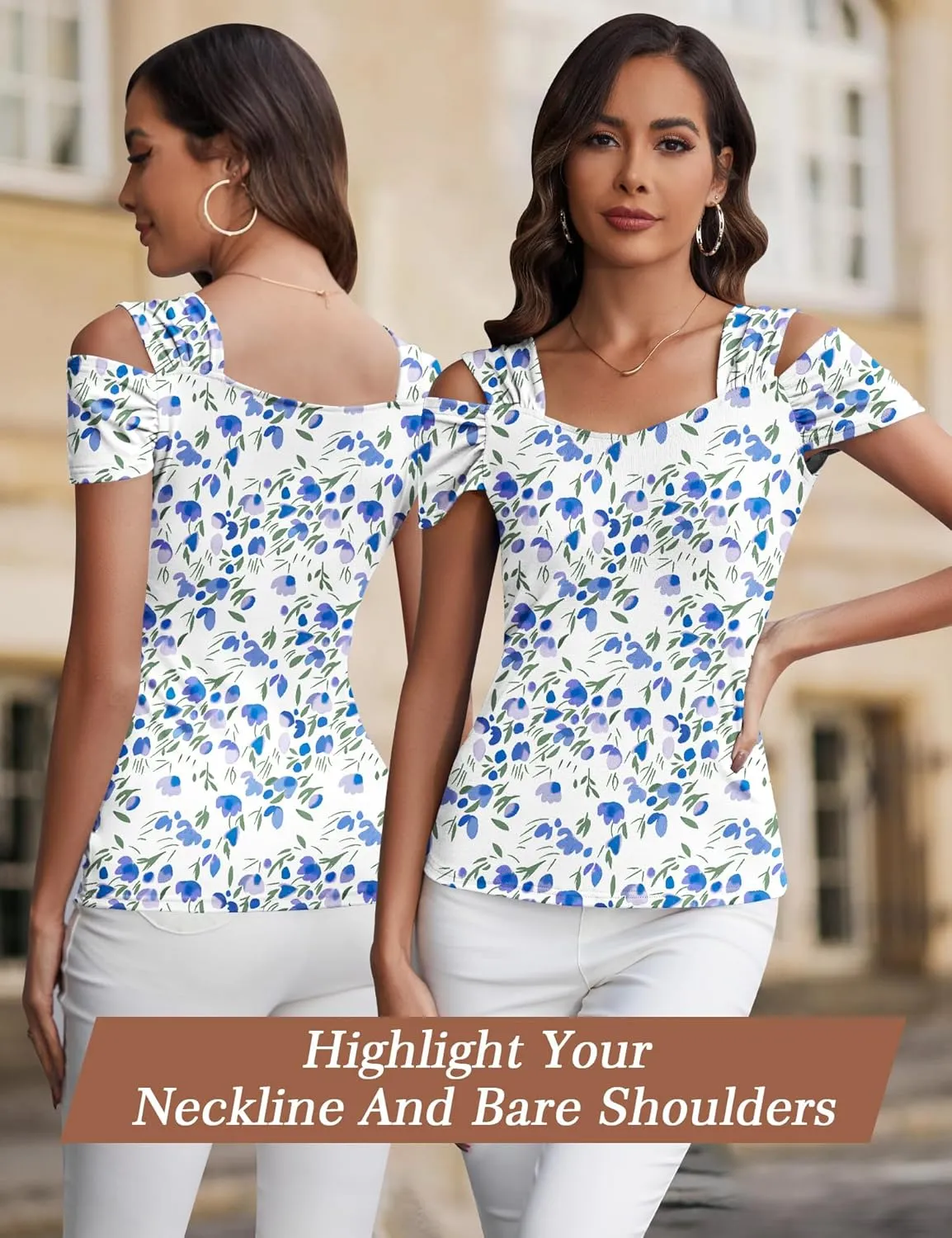 Blingfit Cold Shoulder Tops Tunic Summer Slim Fit Shirts for Women V Neck Short Sleeve Casual Tees Workout Tops