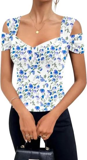 Blingfit Cold Shoulder Tops Tunic Summer Slim Fit Shirts for Women V Neck Short Sleeve Casual Tees Workout Tops
