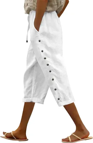 Capris Pants for Women Color Cotton Linen Elastic Seven Pants Beach Casual Pants Linen Baggy Comfort Trousers with