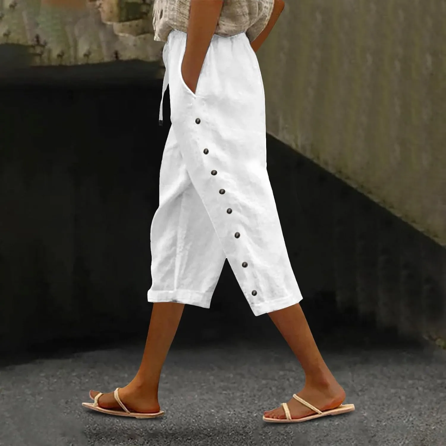 Capris Pants for Women Color Cotton Linen Elastic Seven Pants Beach Casual Pants Linen Baggy Comfort Trousers with