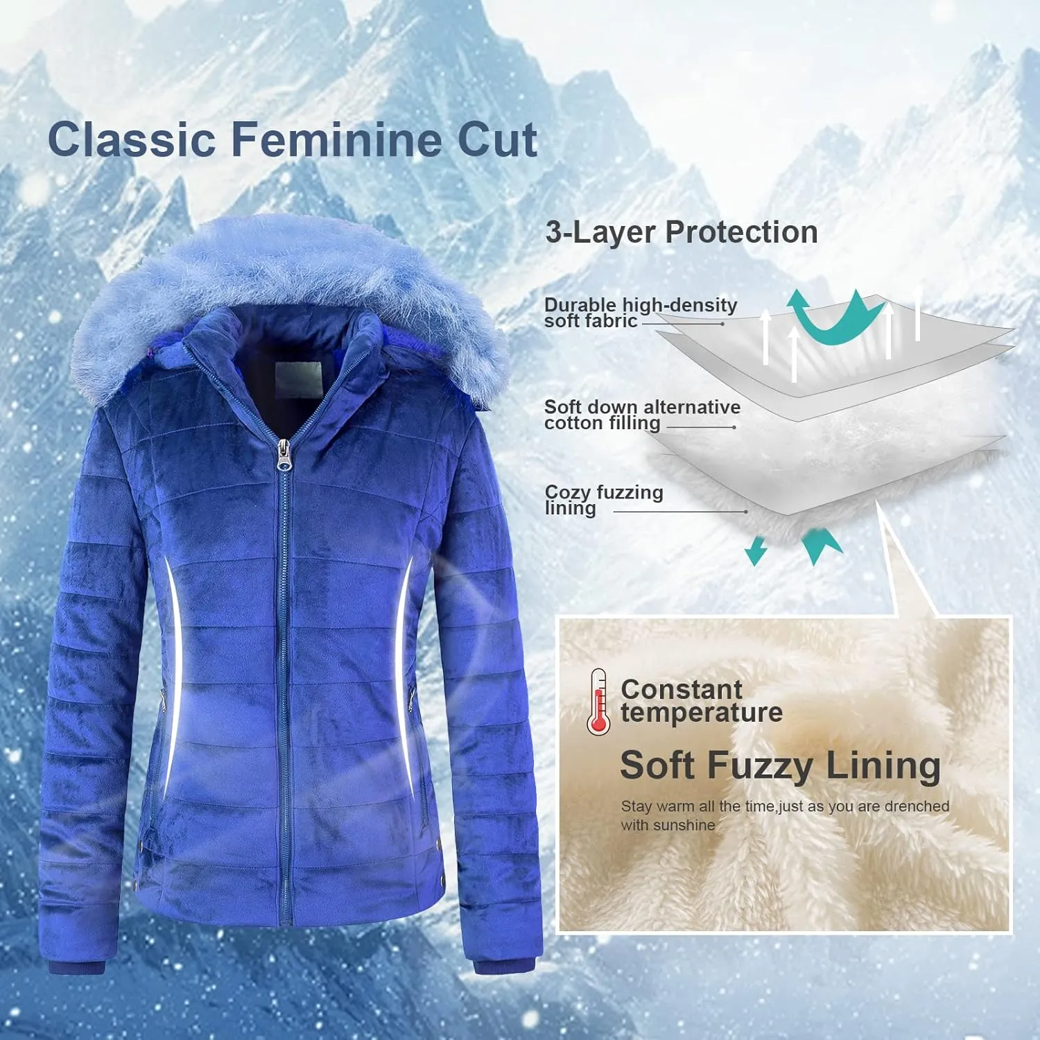 Chrisuno Women's Casual Short Winter Puffer Coat Soft Faux Fur Lining Lightweight Warm Jackets With Removable Hood