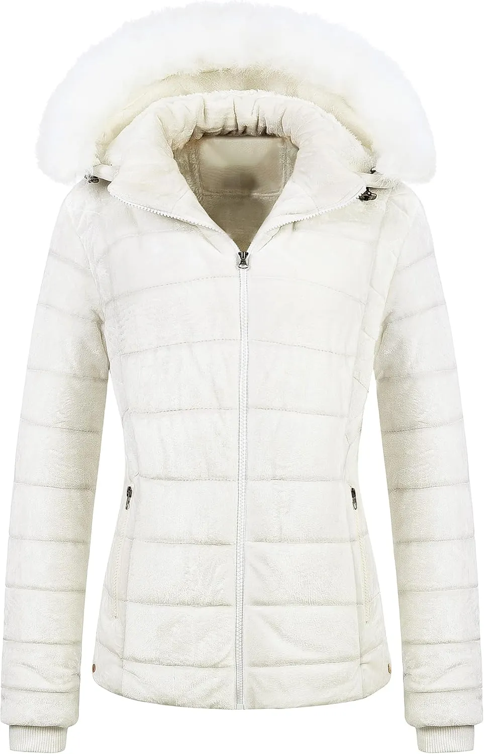 Chrisuno Women's Casual Short Winter Puffer Coat Soft Faux Fur Lining Lightweight Warm Jackets With Removable Hood