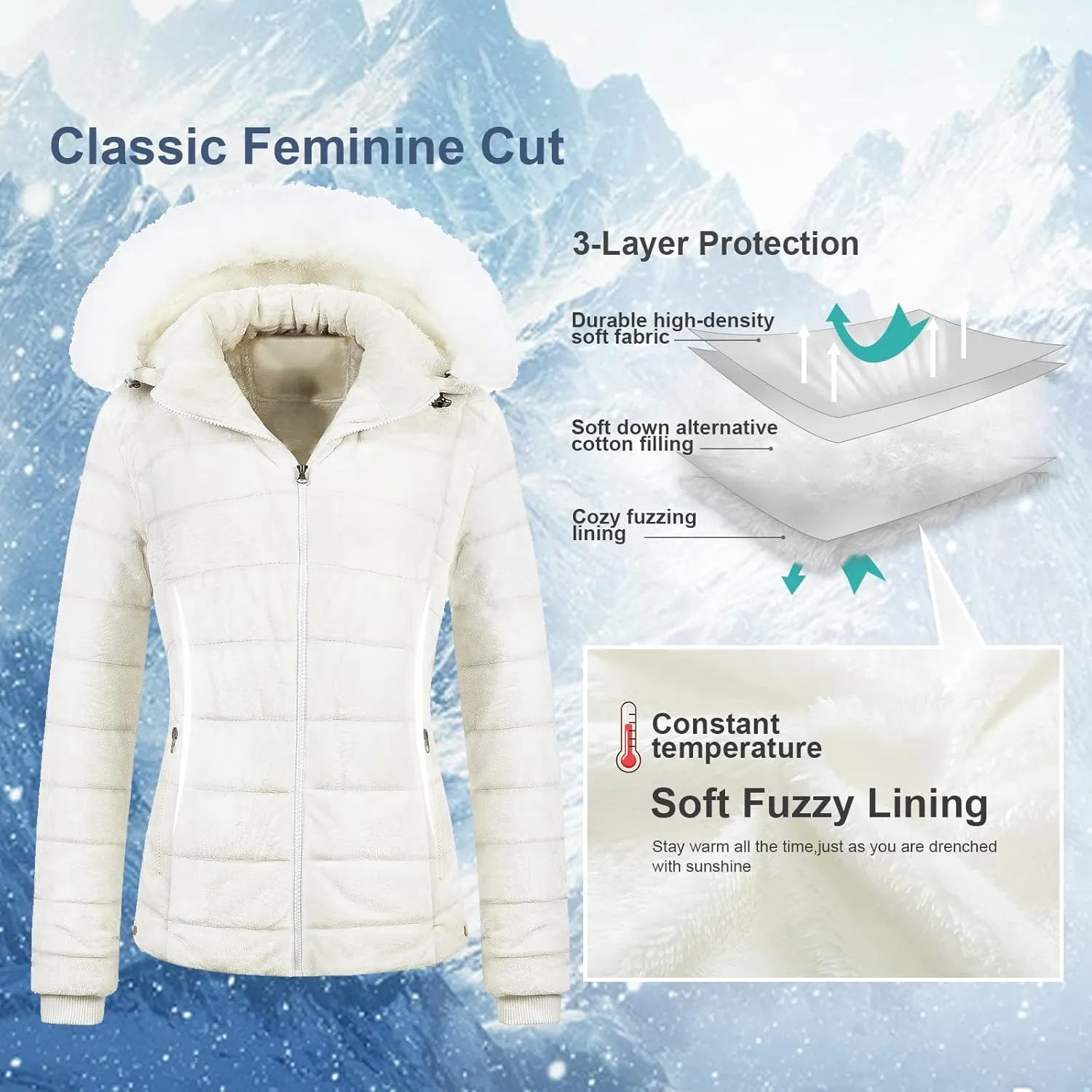 Chrisuno Women's Casual Short Winter Puffer Coat Soft Faux Fur Lining Lightweight Warm Jackets With Removable Hood