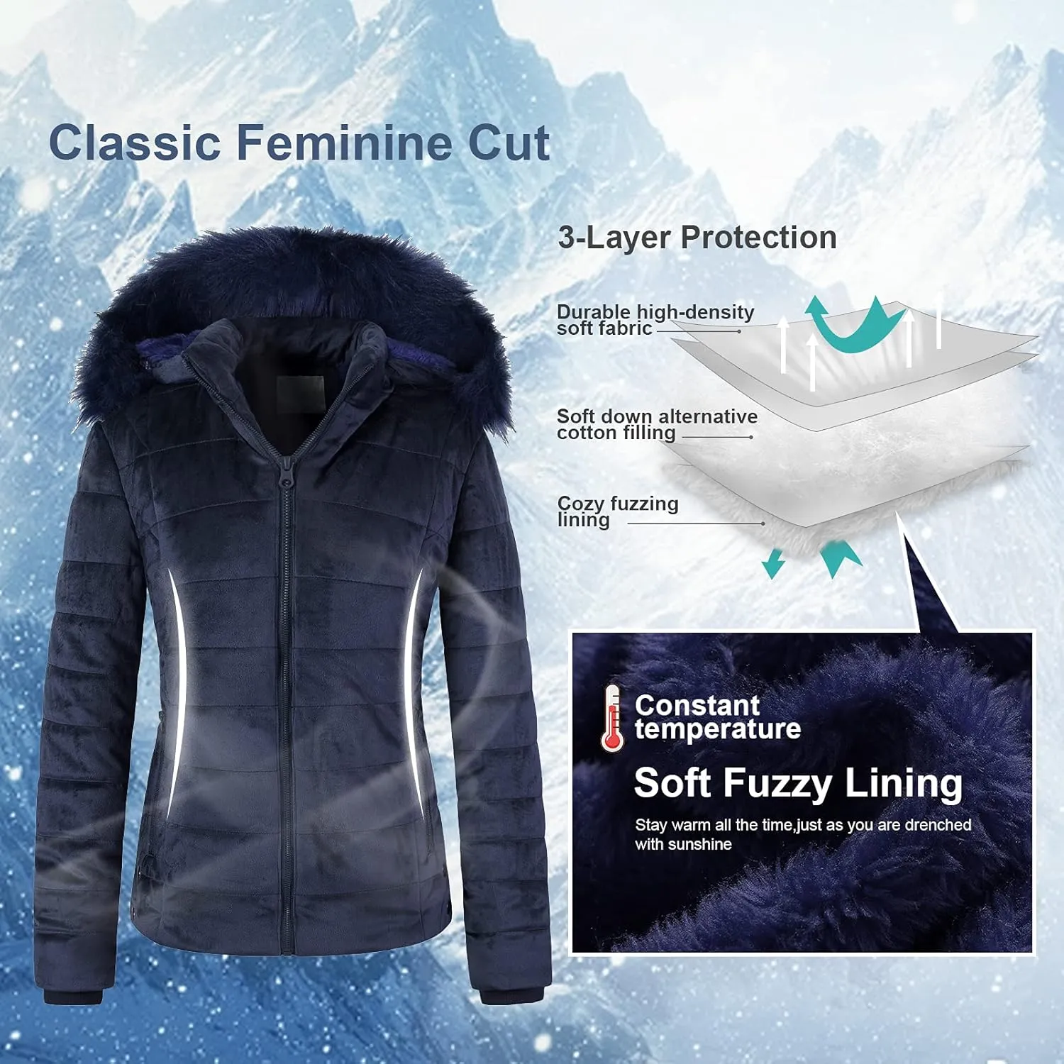 Chrisuno Women's Casual Short Winter Puffer Coat Soft Faux Fur Lining Lightweight Warm Jackets With Removable Hood
