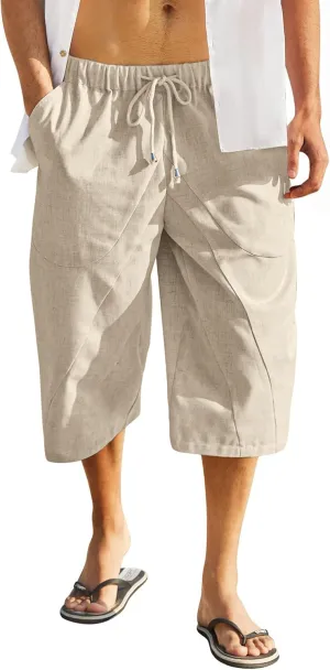 COOFANDY Men's Linen Harem Capri Pants Casual Lightweight Drawstring Yoga Pants Baggy 3/4 Beach Trousers