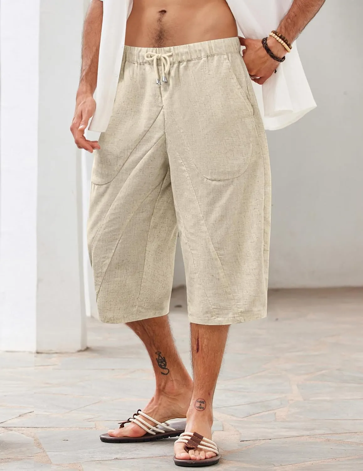 COOFANDY Men's Linen Harem Capri Pants Casual Lightweight Drawstring Yoga Pants Baggy 3/4 Beach Trousers