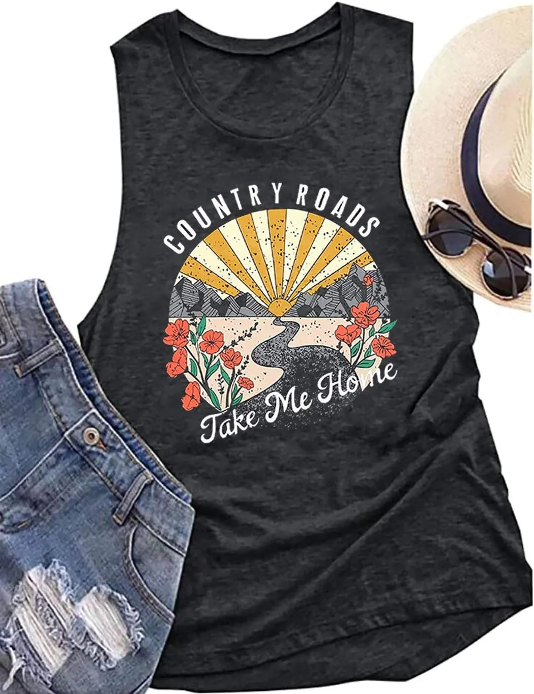 Country Roads Take Me Home Floral Tank Top for Women Hiking Mountain Sleeveless T Shirt Tees Camping Vest