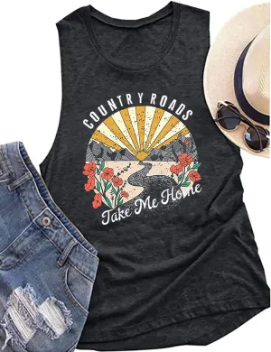 Country Roads Take Me Home Floral Tank Top for Women Hiking Mountain Sleeveless T Shirt Tees Camping Vest