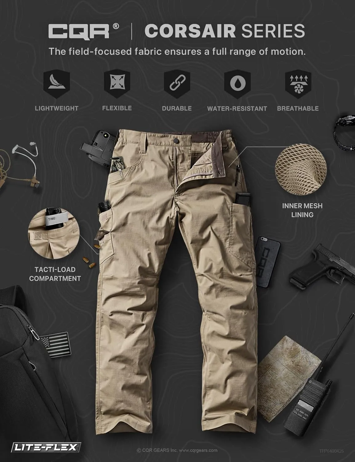 CQR Men's Utility Flex Cargo Pants, Classic-Fit Casual Stretch Work Pants, Water Resistant Lightweight Tactical Hiking Pants