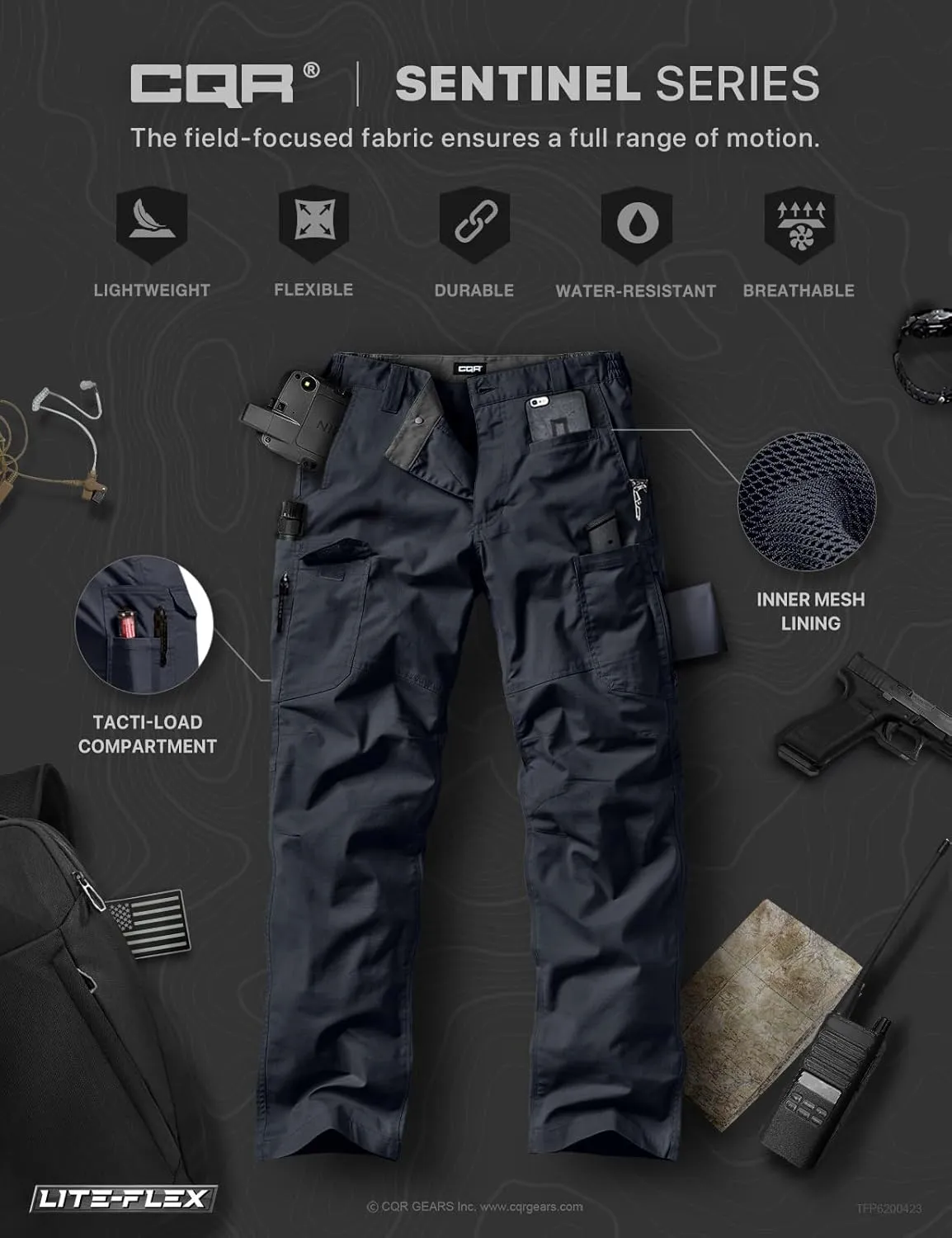 CQR Men's Utility Flex Cargo Pants, Classic-Fit Casual Stretch Work Pants, Water Resistant Lightweight Tactical Hiking Pants