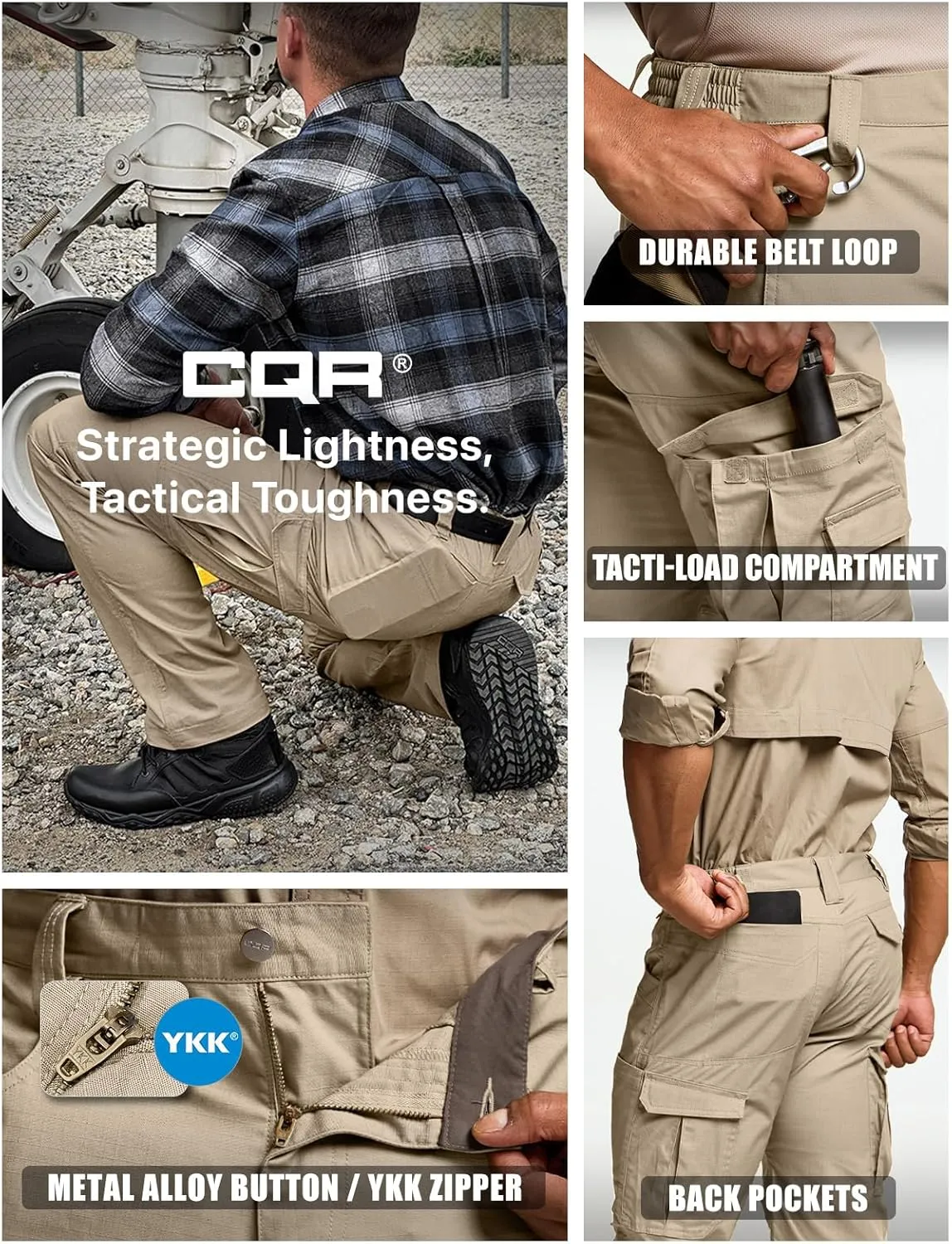 CQR Men's Utility Flex Cargo Pants, Classic-Fit Casual Stretch Work Pants, Water Resistant Lightweight Tactical Hiking Pants