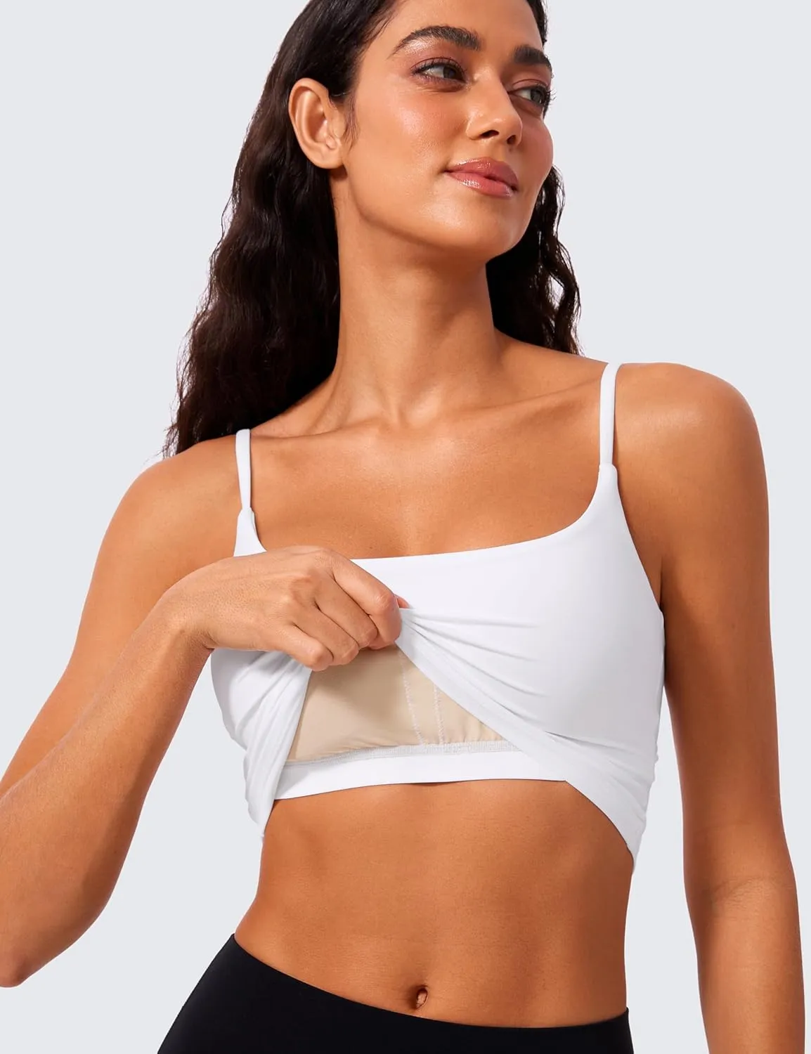CRZ YOGA Butterlift Womens Scoop Neck Longline Sports Bra - U Back Adjustable Straps Workout Crop Tank Top with Built in Pads