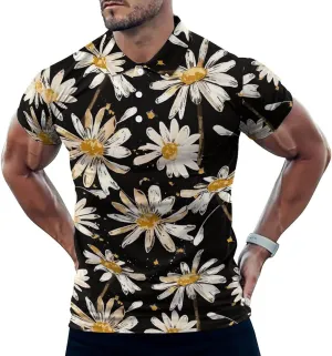 Daisy Flowers Black Background Mens Polo Shirts Quick Dry Short Sleeve T-shirts Slim Tennis Collared Tees Tops