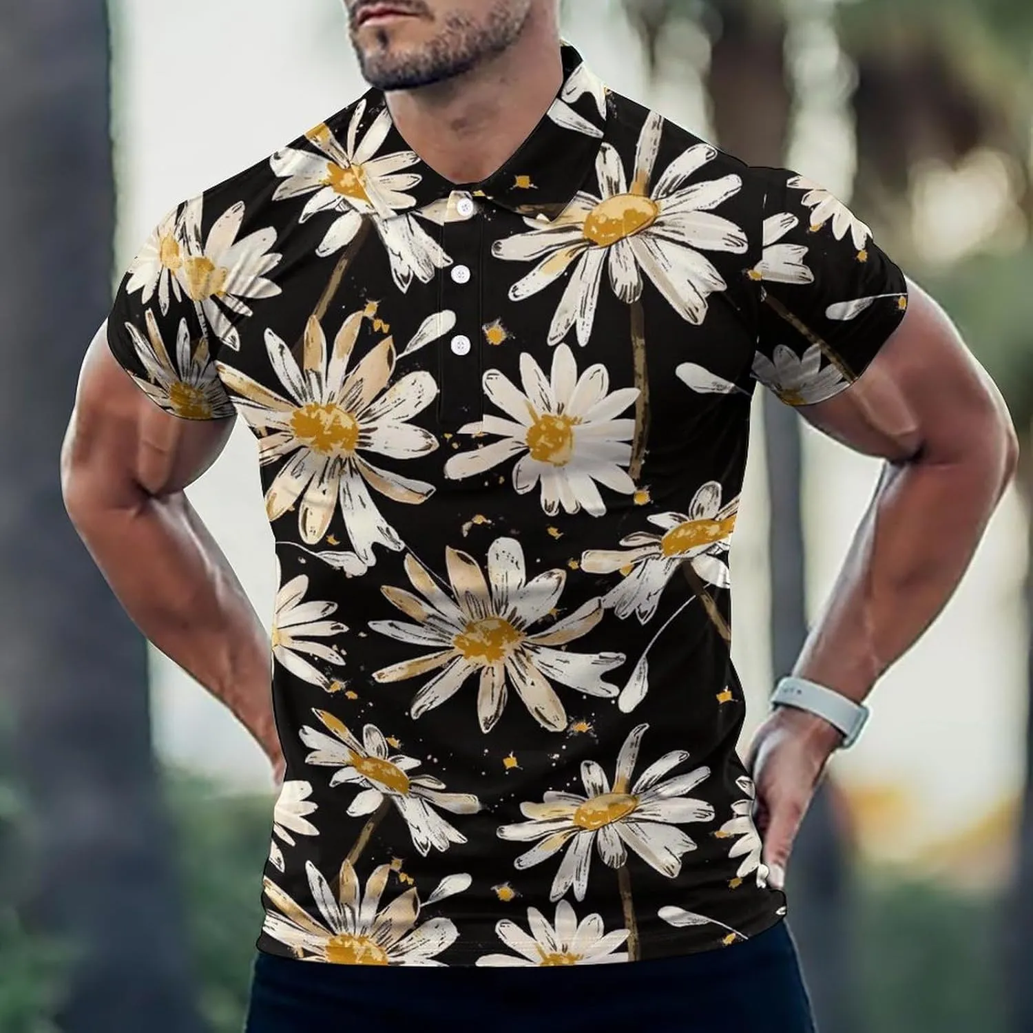 Daisy Flowers Black Background Mens Polo Shirts Quick Dry Short Sleeve T-shirts Slim Tennis Collared Tees Tops