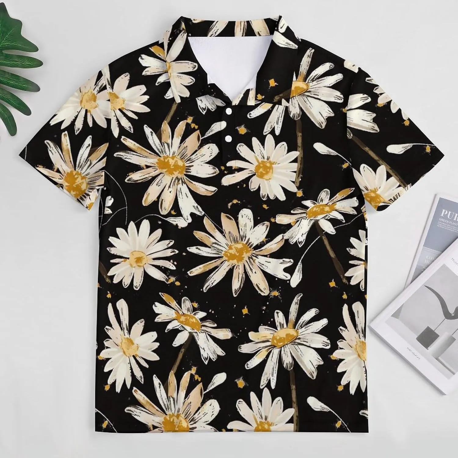 Daisy Flowers Black Background Mens Polo Shirts Quick Dry Short Sleeve T-shirts Slim Tennis Collared Tees Tops