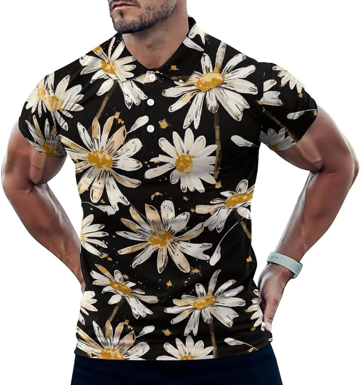 Daisy Flowers Black Background Mens Polo Shirts Quick Dry Short Sleeve T-shirts Slim Tennis Collared Tees Tops