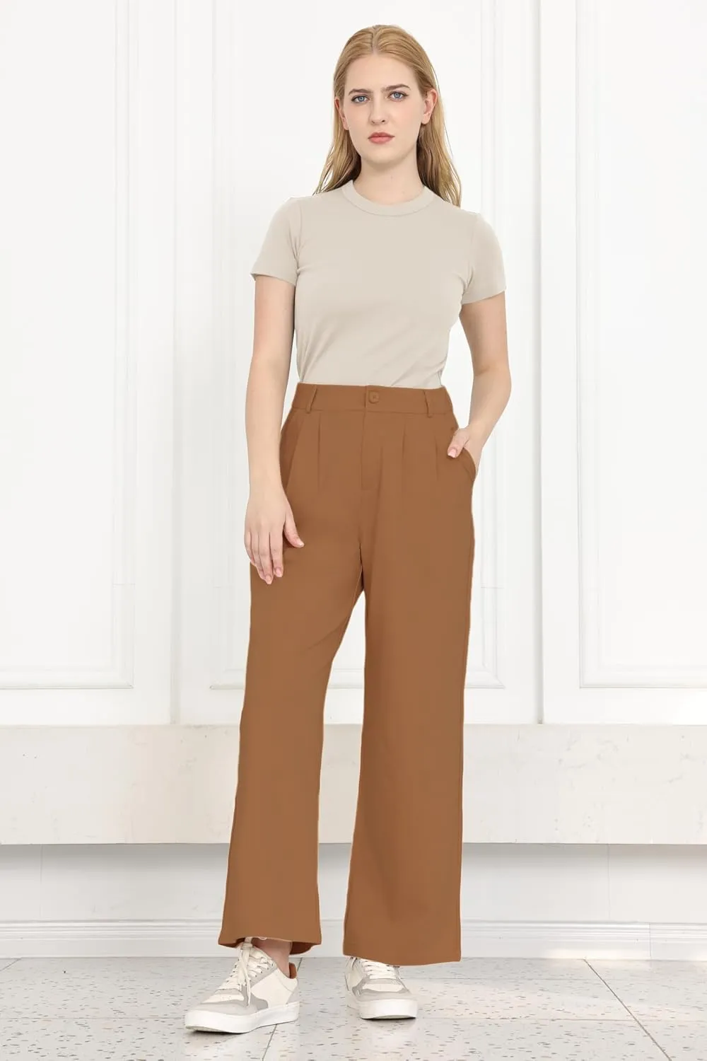 Dress Pants Women Wide Leg Work Business Office High Waisted Zipper Casual Slacks Trousers with Pockets 29"