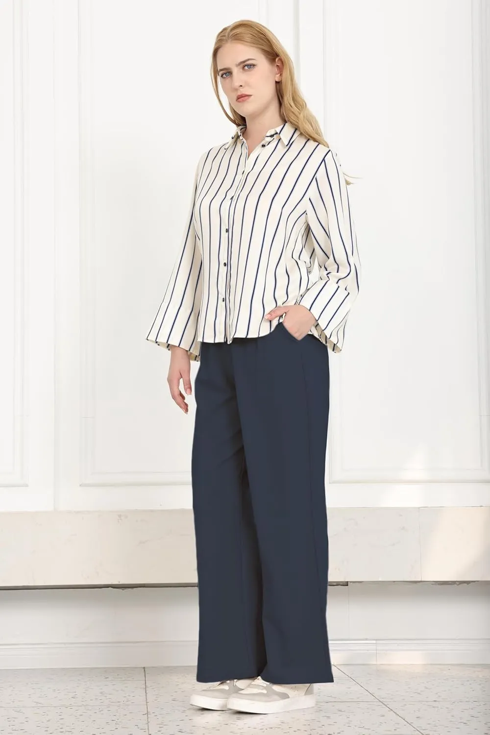 Dress Pants Women Wide Leg Work Business Office High Waisted Zipper Casual Slacks Trousers with Pockets 29"