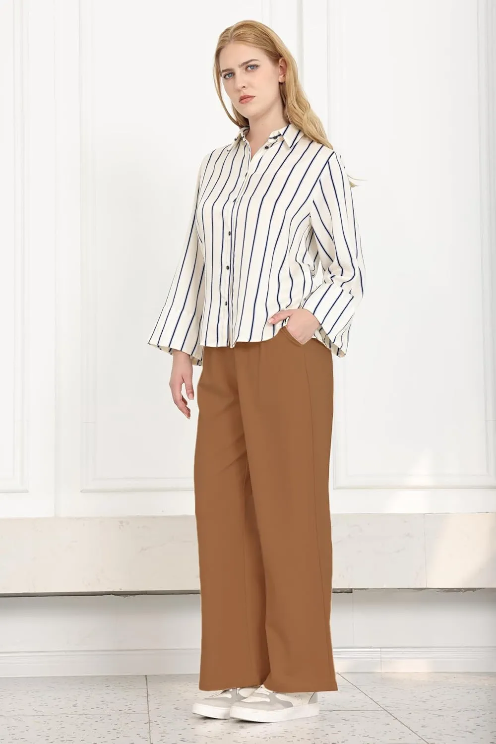 Dress Pants Women Wide Leg Work Business Office High Waisted Zipper Casual Slacks Trousers with Pockets 29"