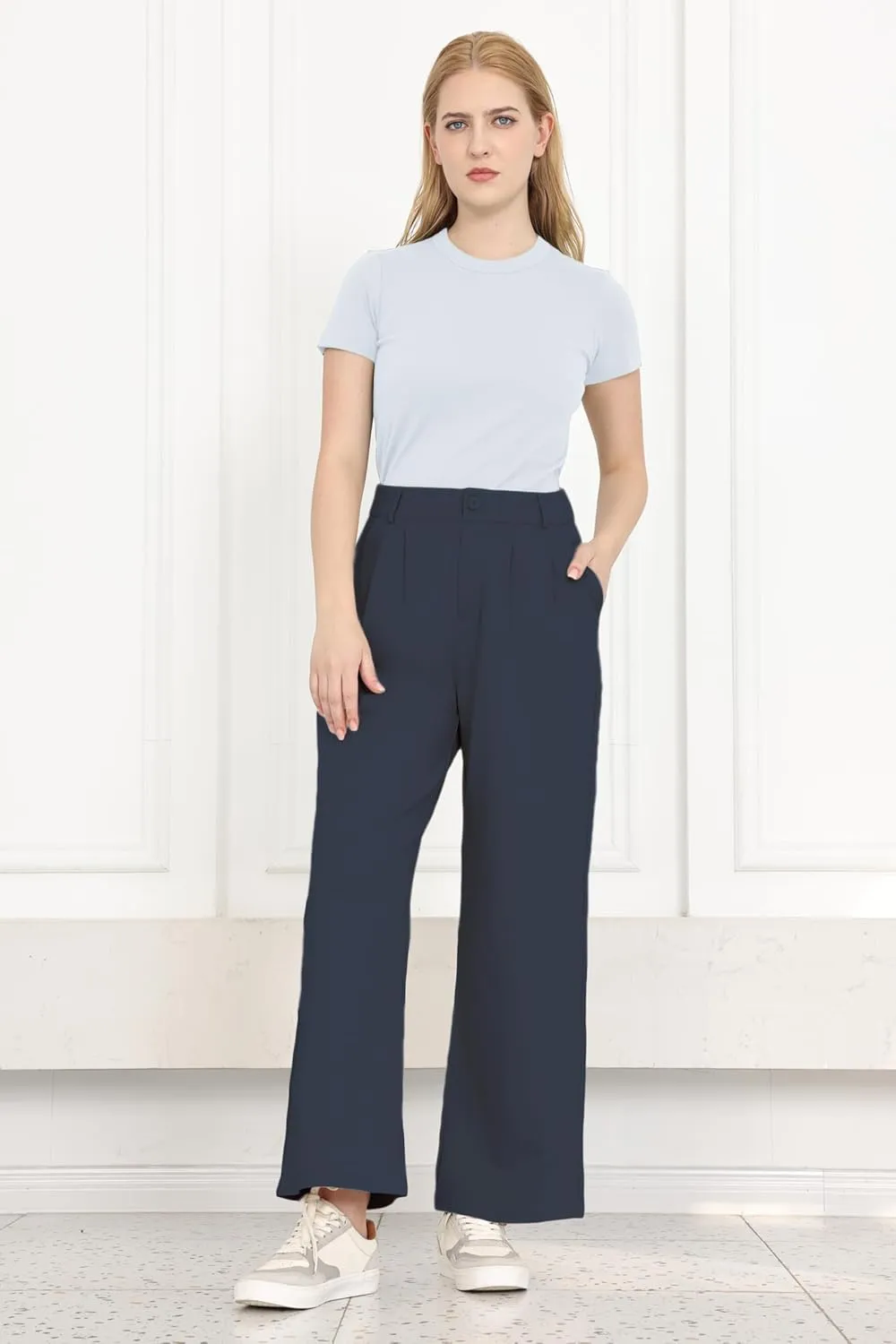 Dress Pants Women Wide Leg Work Business Office High Waisted Zipper Casual Slacks Trousers with Pockets 29"