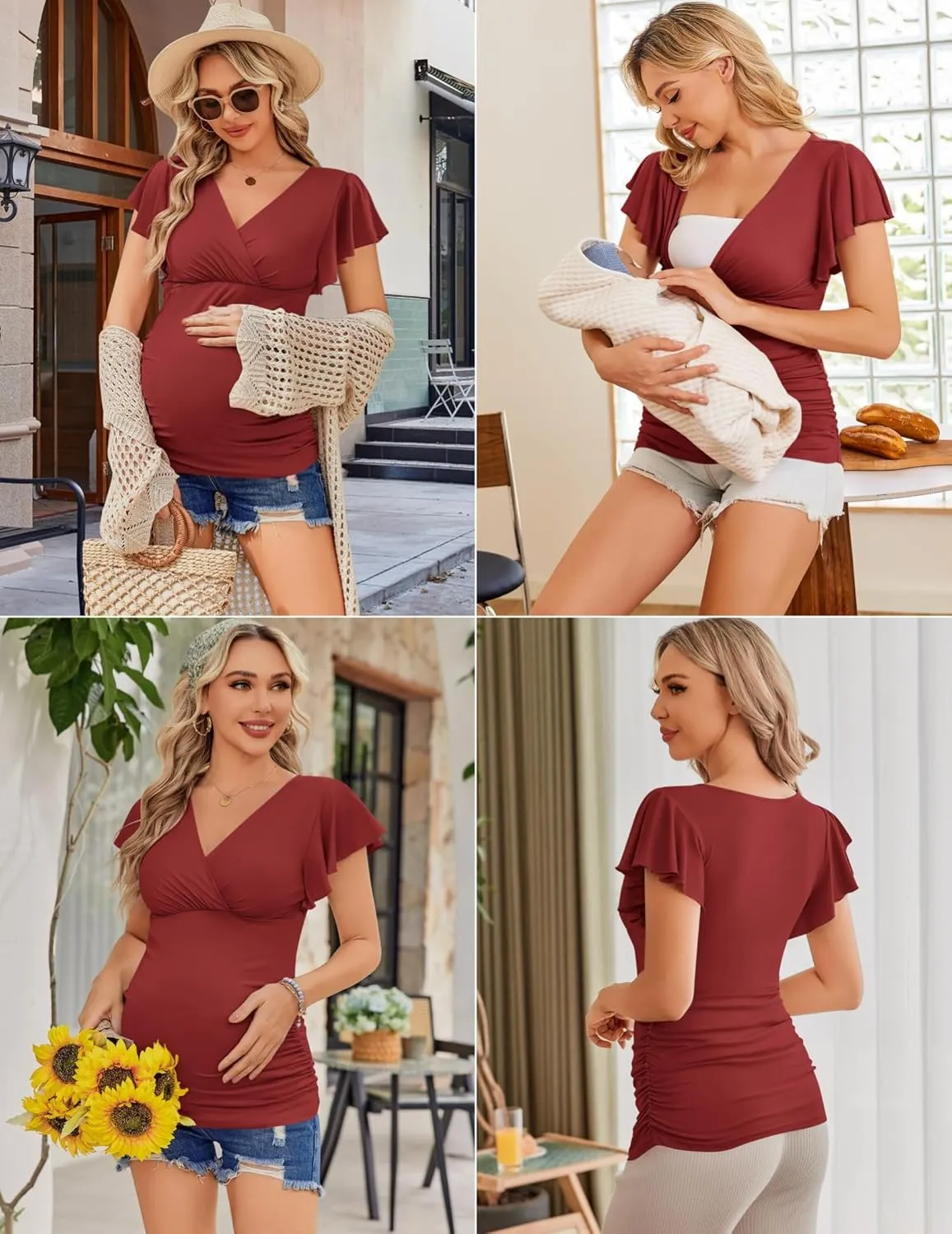 Ekouaer Women's Maternity Shirts 3 Packs Nursing Tops Flying Short Sleeve Breastfeeding Tees Side Ruched Pregnancy Clothes