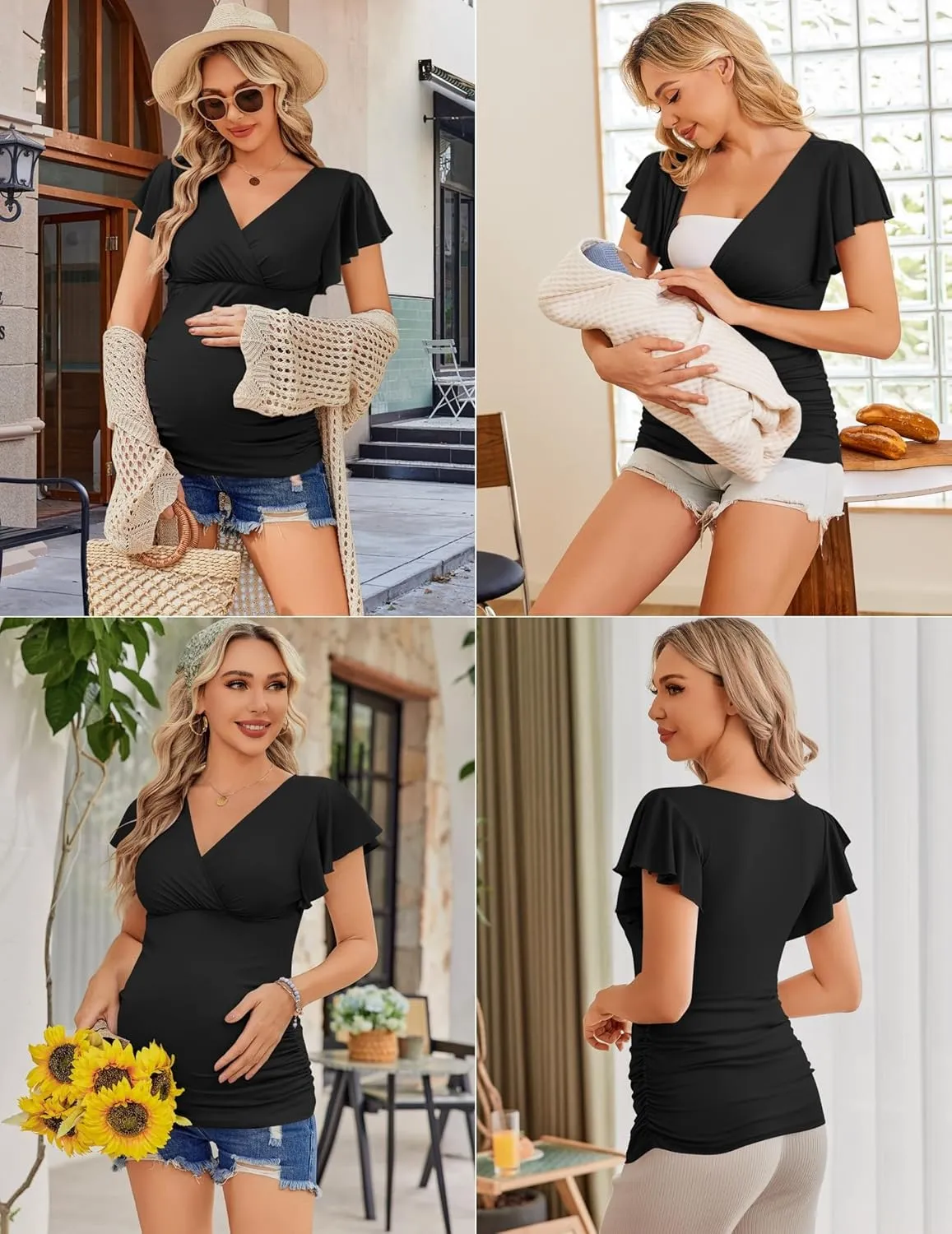Ekouaer Women's Maternity Shirts 3 Packs Nursing Tops Flying Short Sleeve Breastfeeding Tees Side Ruched Pregnancy Clothes
