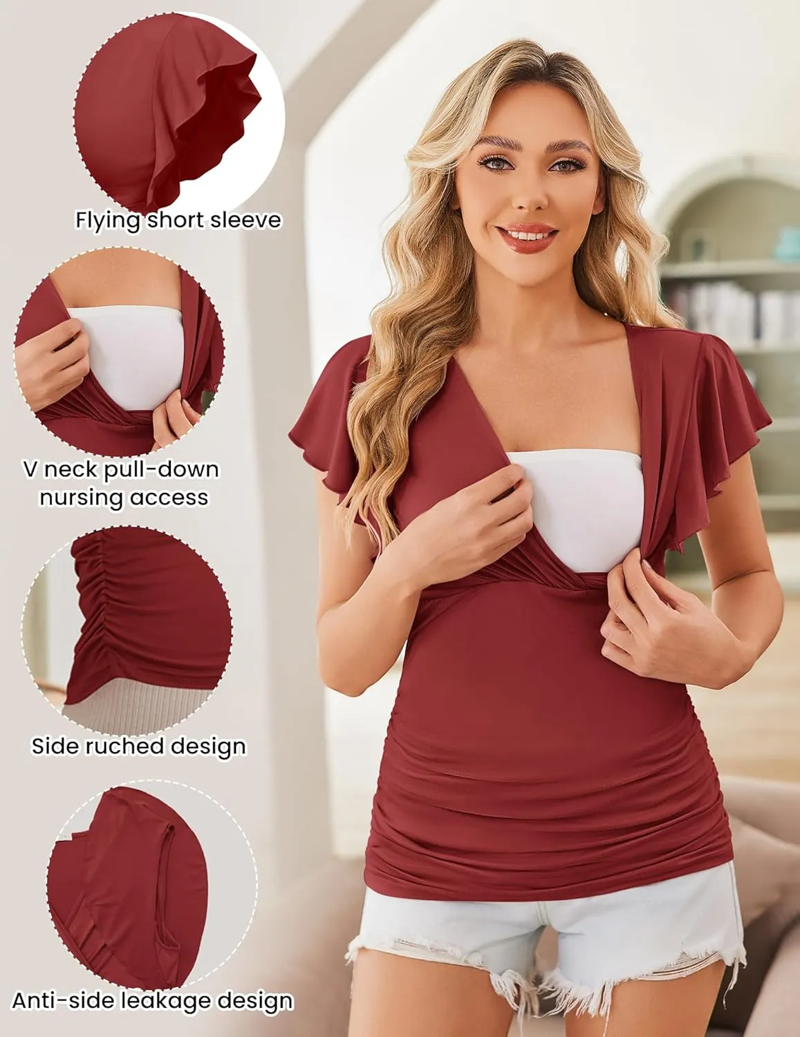 Ekouaer Women's Maternity Shirts 3 Packs Nursing Tops Flying Short Sleeve Breastfeeding Tees Side Ruched Pregnancy Clothes