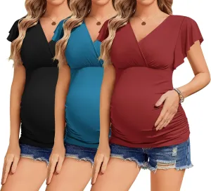 Ekouaer Women's Maternity Shirts 3 Packs Nursing Tops Flying Short Sleeve Breastfeeding Tees Side Ruched Pregnancy Clothes