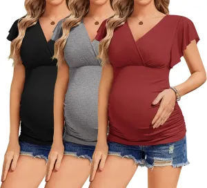 Ekouaer Women's Maternity Shirts 3 Packs Nursing Tops Flying Short Sleeve Breastfeeding Tees Side Ruched Pregnancy Clothes