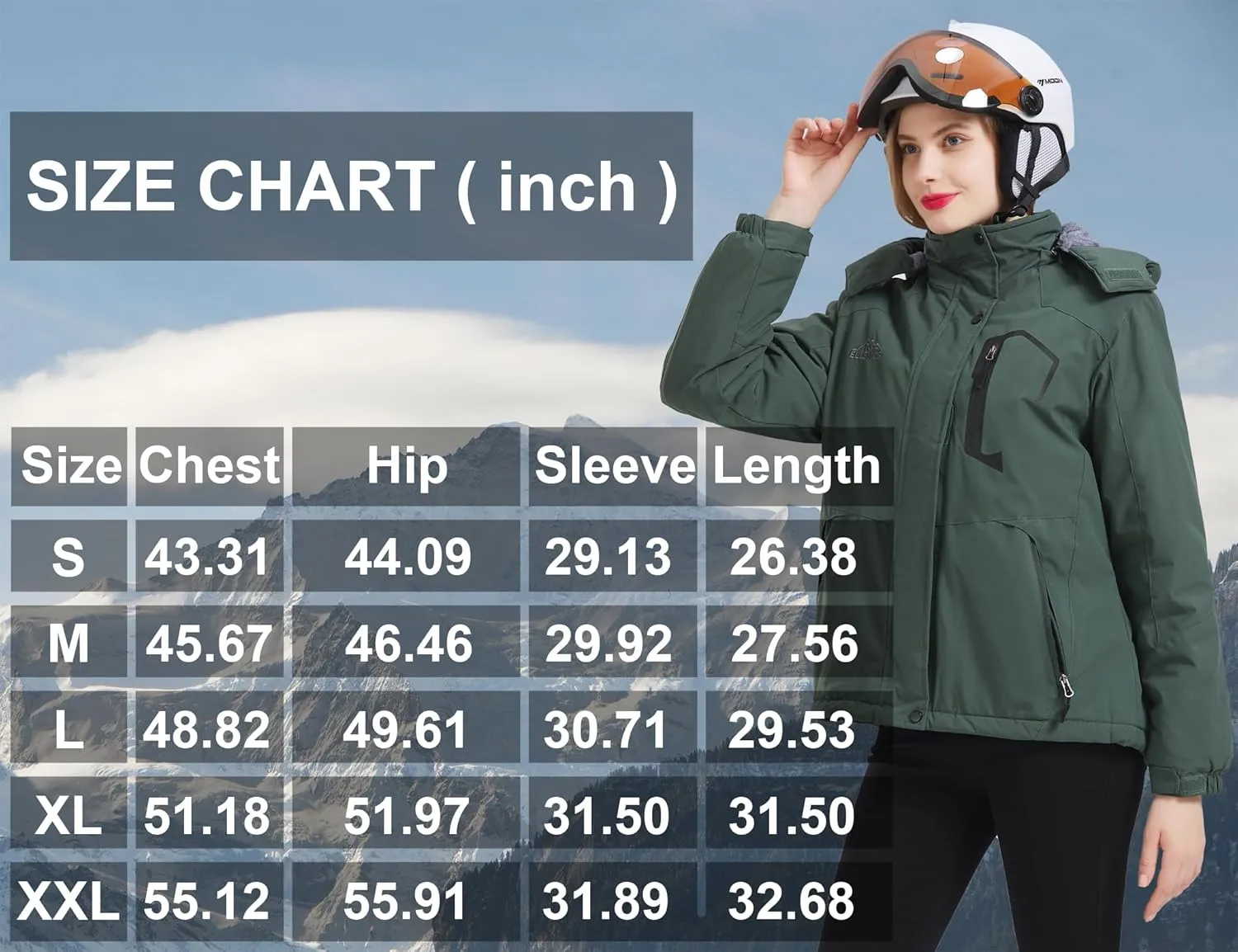 ELLSWOS Womens Winter Coats Waterproof Ski Jacket Warm Snow Jackets Windproof Windbreaker Hooded Raincoat