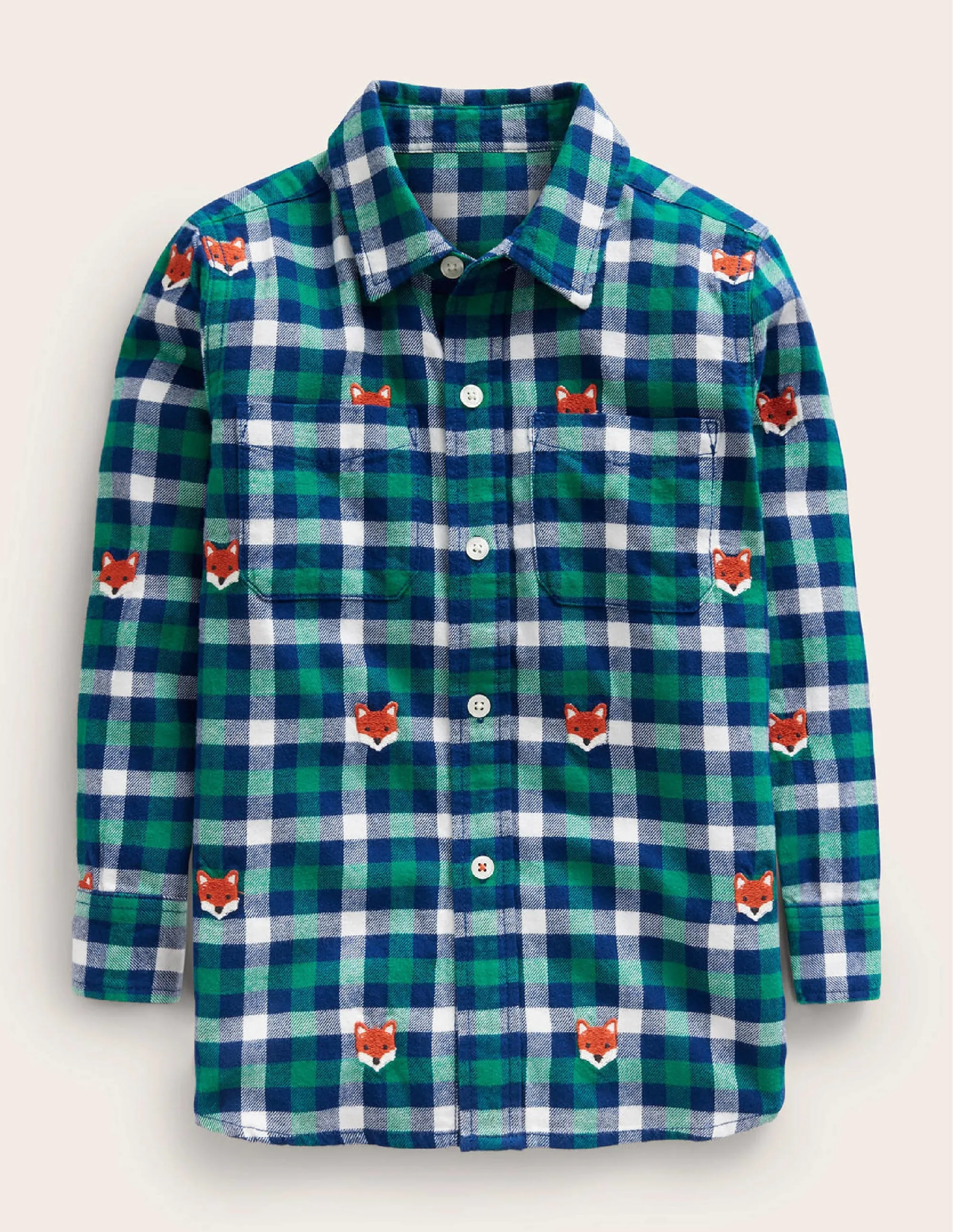 Embroidered Flannel Shirt-Gingham Fox
