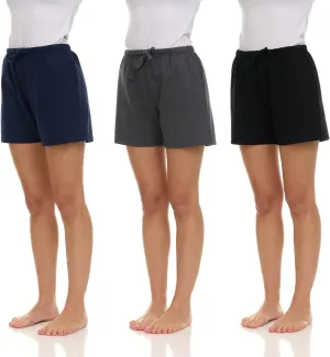 Essential Elements 3 Pack: Women's 100% Cotton Casual Active Gym Lounge Sleep Bottom Pajama Shorts
