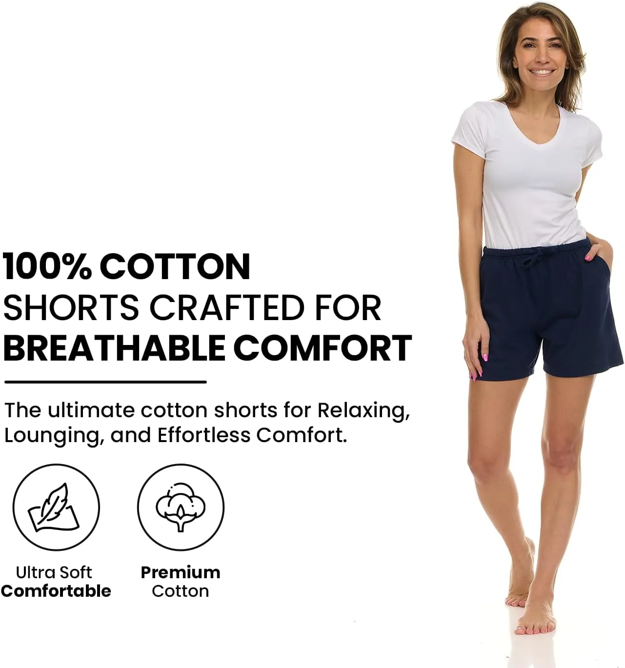 Essential Elements 3 Pack: Women's 100% Cotton Casual Active Gym Lounge Sleep Bottom Pajama Shorts