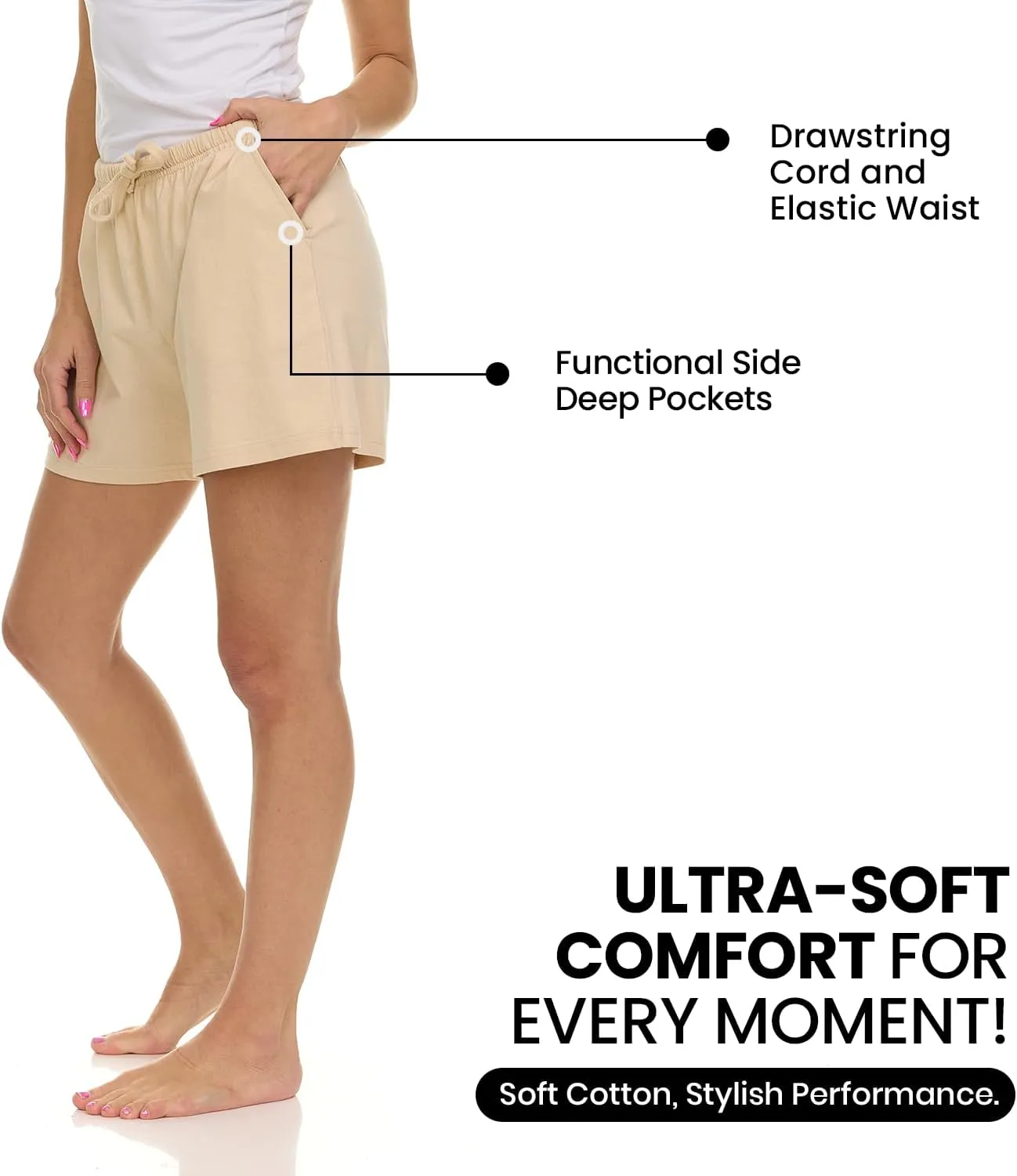 Essential Elements 3 Pack: Women's 100% Cotton Casual Active Gym Lounge Sleep Bottom Pajama Shorts