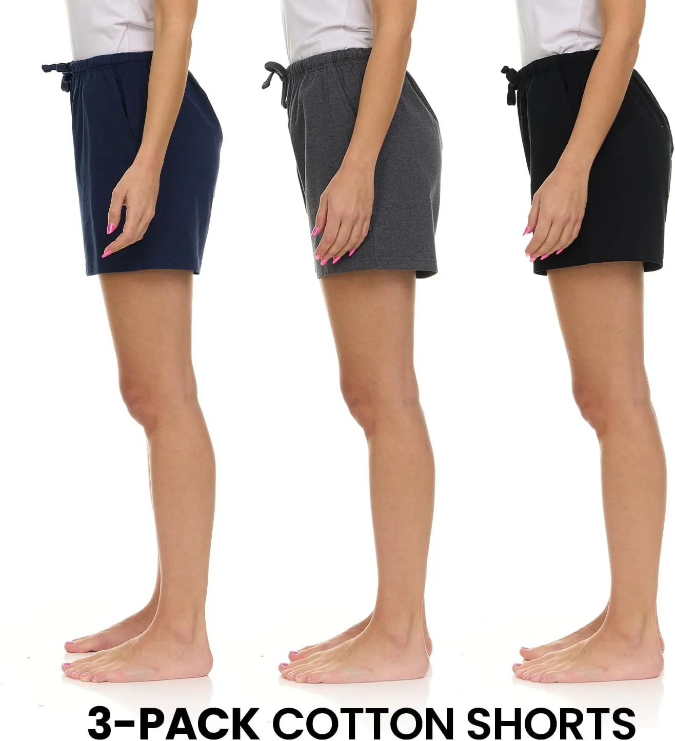 Essential Elements 3 Pack: Women's 100% Cotton Casual Active Gym Lounge Sleep Bottom Pajama Shorts