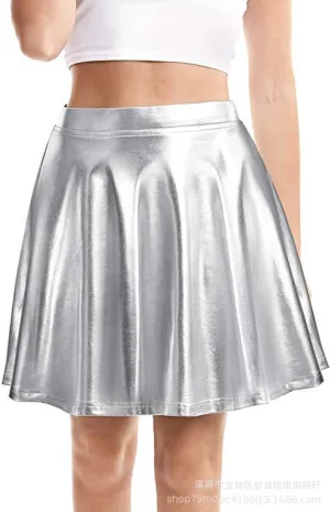 Europe Nightclubs Stage Solid Colored Costume Trendy PU Skirt Women Pleated Skirt