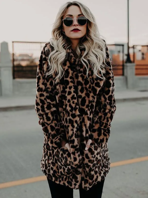 Faux Fur Coats Leopard Long Sleeves Leopard Print Oversized Winter Coat