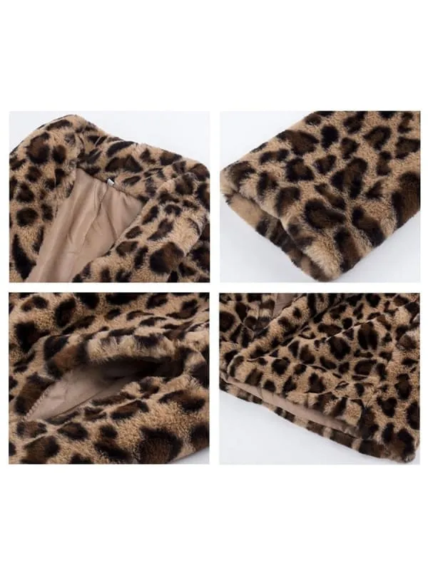 Faux Fur Coats Leopard Long Sleeves Leopard Print Oversized Winter Coat