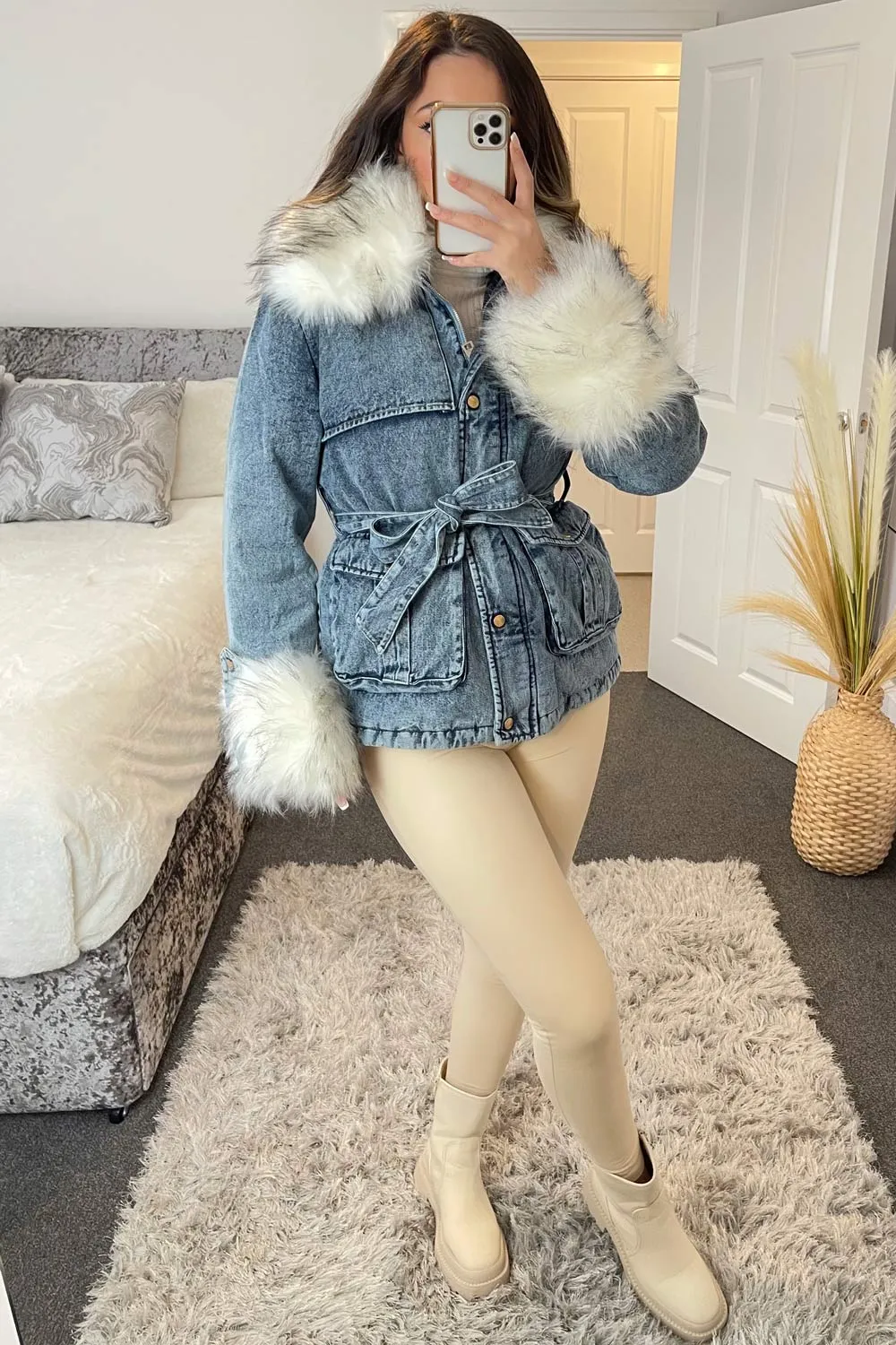 Gayle Blue Acid Wash Denim Faux Fur Jacket